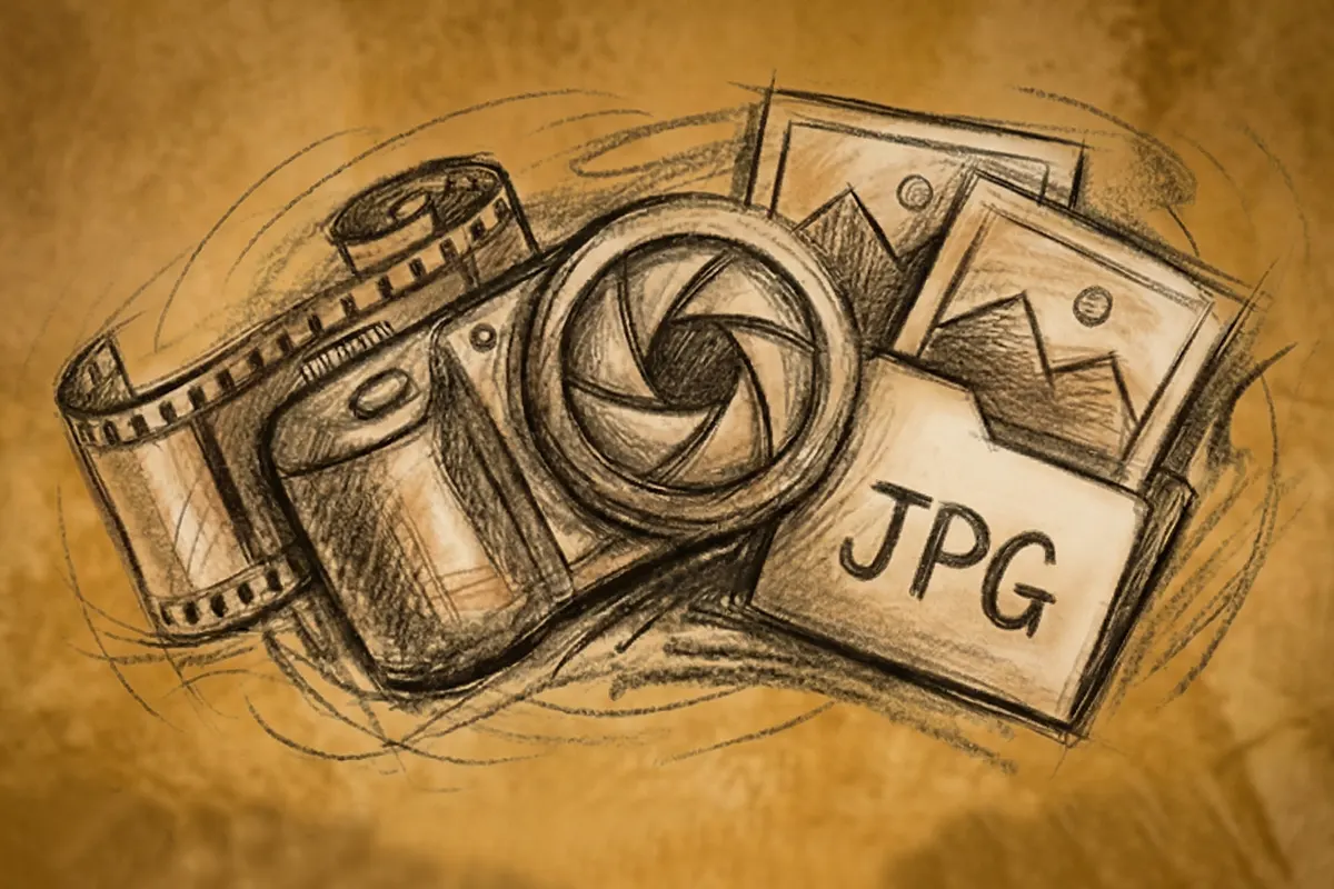 Ilustración estilo boceto de una cámara réflex, un carrete de película, fotografías impresas y una carpeta con las siglas JPG sobre fondo texturizado.
