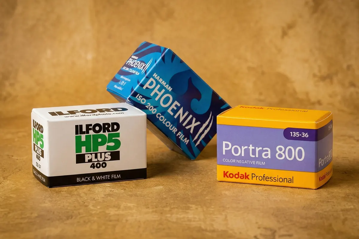 Cajas de carretes de 35mm apiladas: Harman Phoenix 200, Ilford HP5 Plus 400 y Kodak Professional Portra 800.