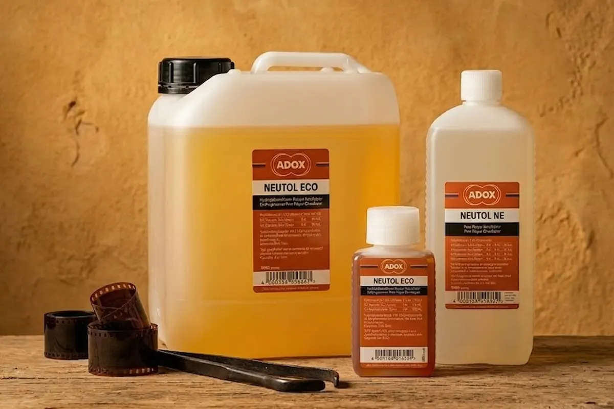 Garrafas y botellas de químicos para revelado fotográfico Adox Neutol Eco y Adox Neutol NE junto a unas pinzas y película de 35mm.