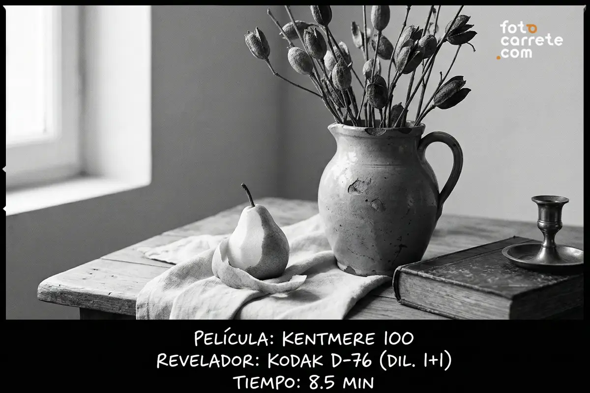 Bodegón clásico fotografiado con película Kentmere 100 y revelador Kodak D-76