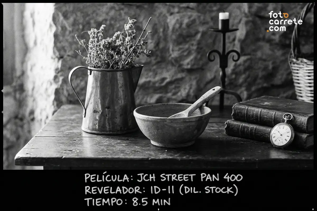 Bodegón rústico en película analógica JCH Street Pan 400 y revelado con Ilford ID-11.