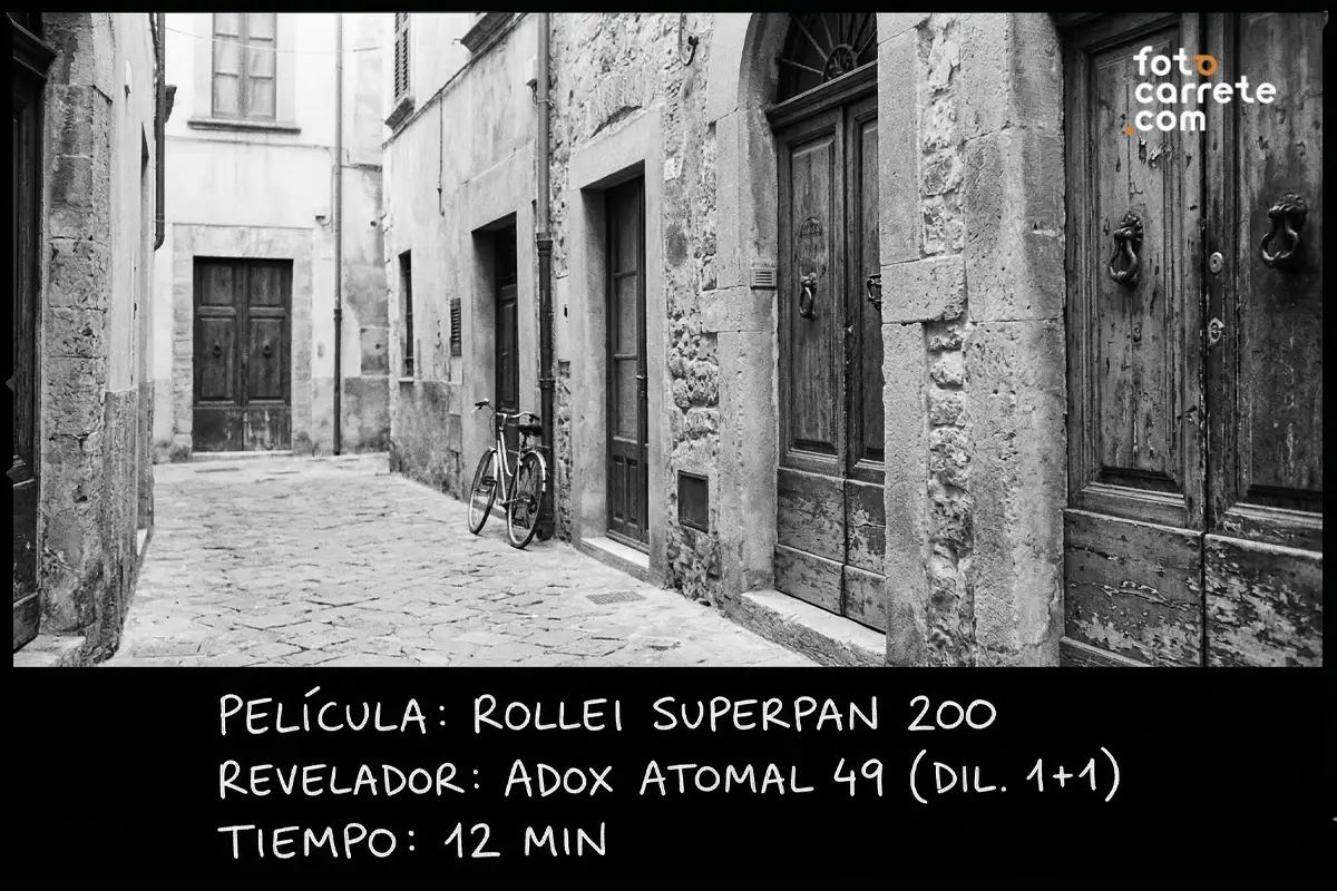 Callejón en blanco y negro con bicicletas tomado con carrete Rollei Superpan 200 y revelador Adox Atomal 49.