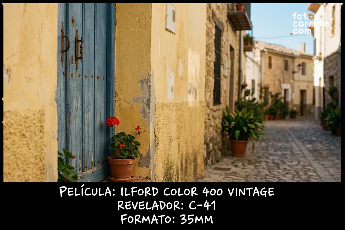 Callejón rústico con puerta azul y macetas fotografiado con película Ilford Color 400 Vintage en 35mm.