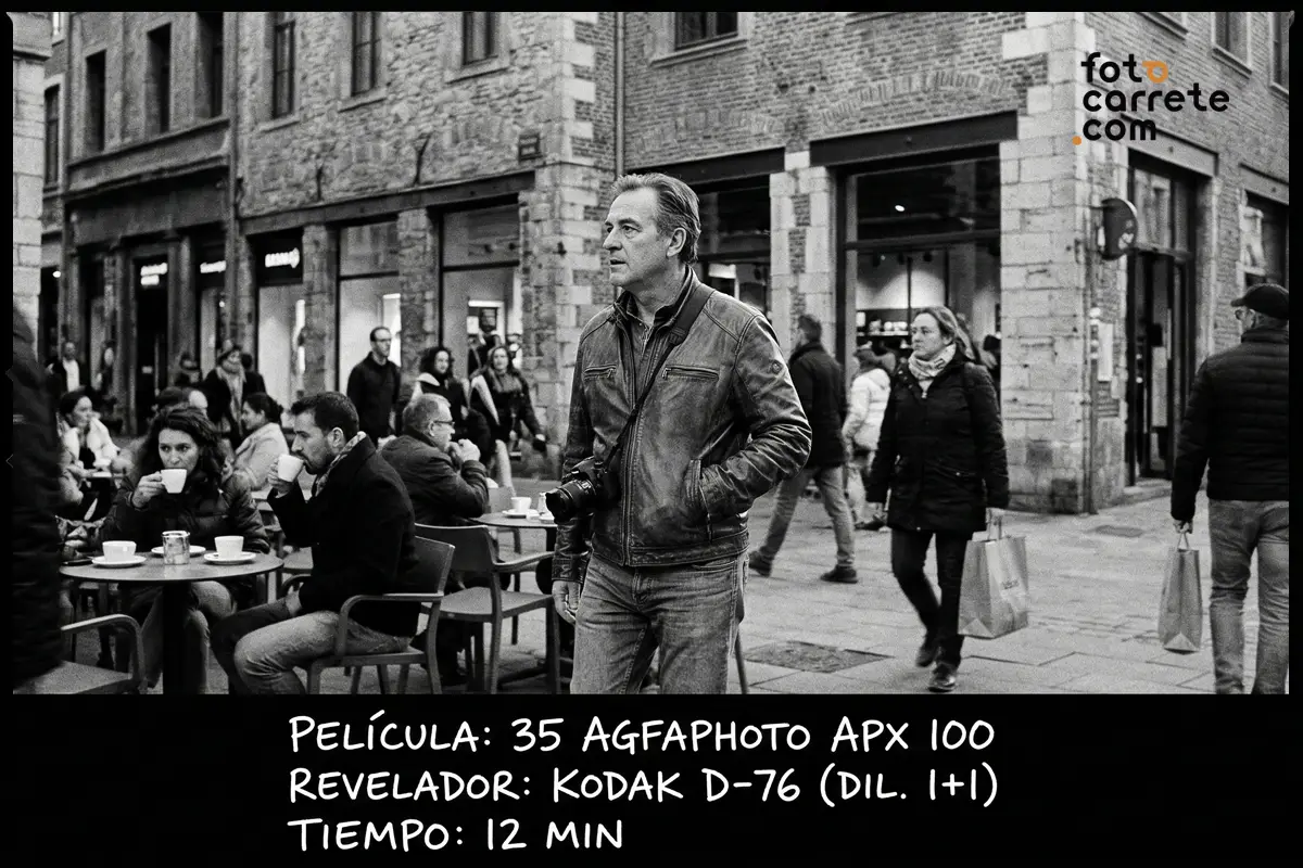 Fotografía callejera en blanco y negro tomada con carrete AgfaPhoto APX 100 de 35mm y revelador Kodak D-76