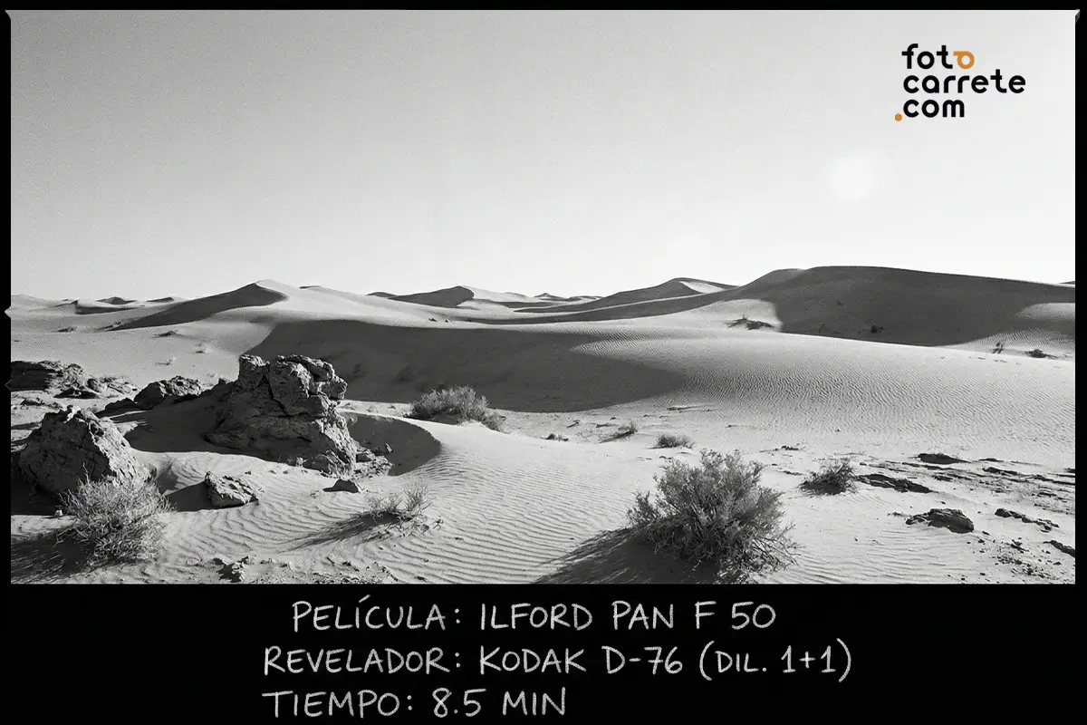 Paisaje desértico con dunas en blanco y negro fotografiado con carrete Ilford Pan F 50 de 35mm y revelado con Kodak D-76.