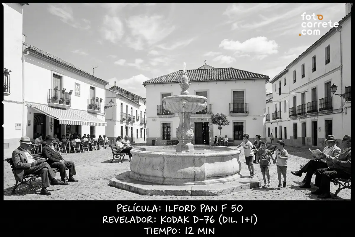 Plaza de pueblo soleada con fuente en blanco y negro, fotografía con carrete 35mm Ilford Pan F 50 y Kodak D-76.