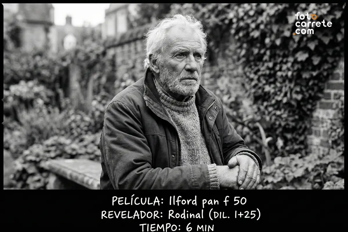 Retrato en blanco y negro de un hombre tomado con carrete de 35mm Ilford Pan F 50 revelado en Rodinal.