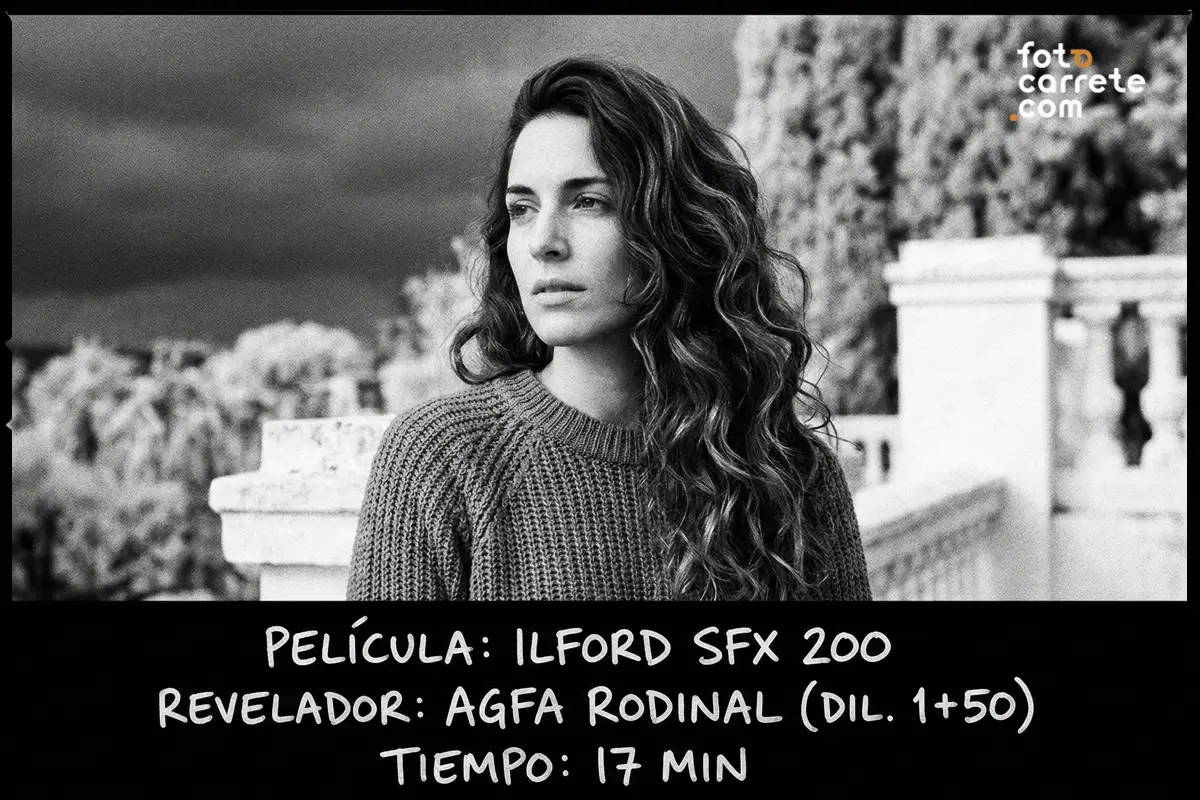 Retrato de mujer en blanco y negro con carrete 35mm Ilford SFX 200 revelado con Agfa Rodinal.