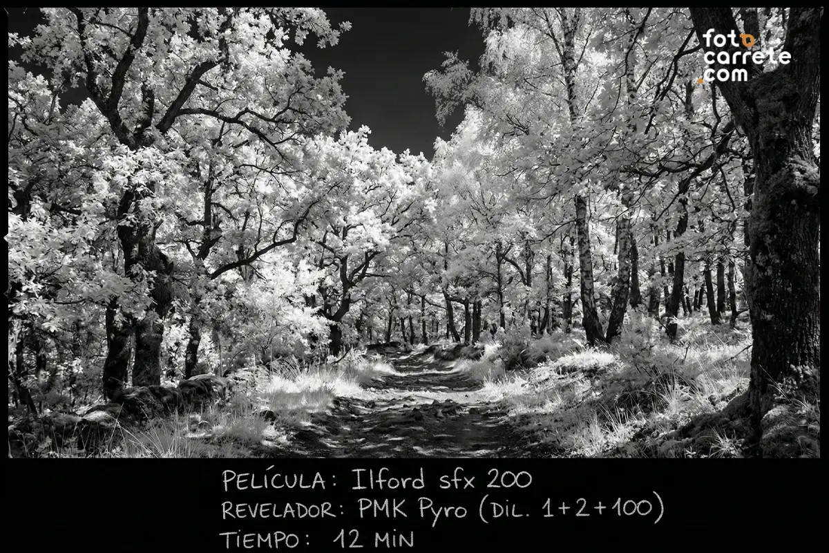 Paisaje de bosque con efecto infrarrojo capturado con película 35mm Ilford SFX 200 en blanco y negro y revelador PMK Pyro.
