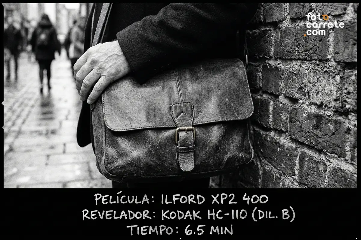 Fotografía callejera en blanco y negro de persona con bolso de cuero, tomada con carrete Ilford XP2 400 y revelador Kodak HC-110.