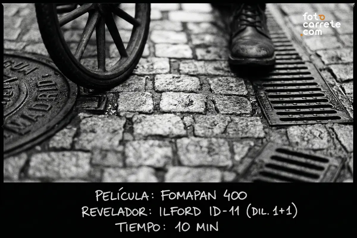 Fotografía urbana de suelo adoquinado con una bota y rueda usando carrete Fomapan 400 y revelador Ilford ID-11.
