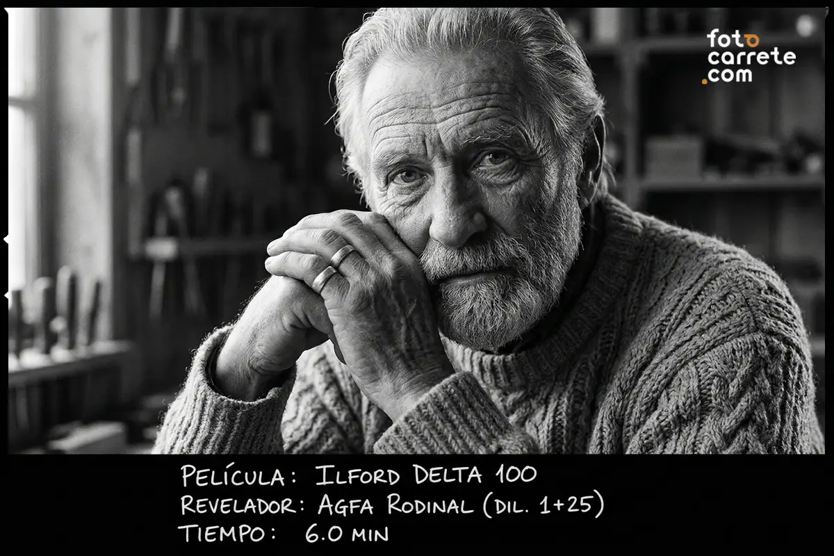 Retrato en blanco y negro de un hombre mayor con barba usando película Ilford Delta 100 y revelador Agfa Rodinal.