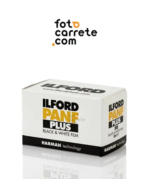 Caja de película fotográfica en blanco y negro Ilford Pan F Plus ISO 50.