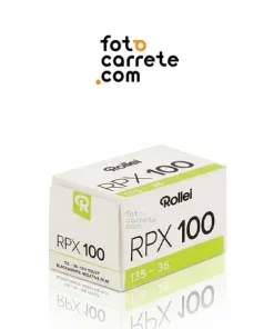 Caja de carrete de película analógica blanco y negro Rollei RPX 100 de 35mm