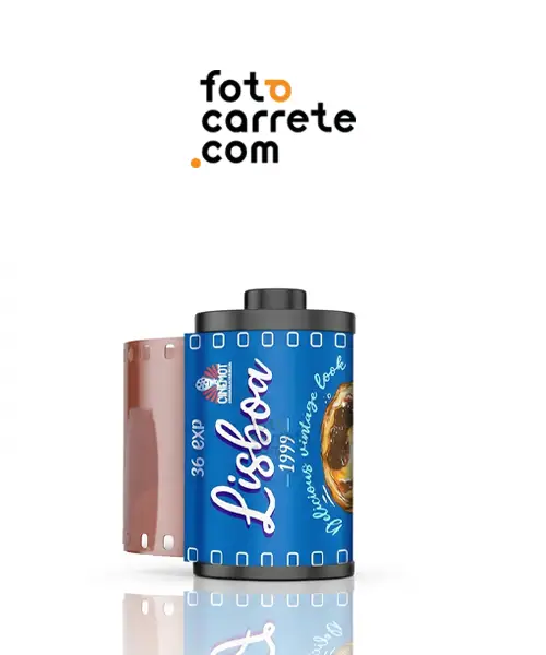 Chasis del carrete Cinemot Lisboa 1999 de 35mm con diseño azul