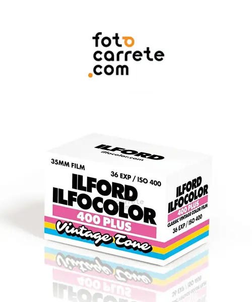 Caja blanca del carrete a color Ilford Ilfocolor 400 Plus Vintage Tone.