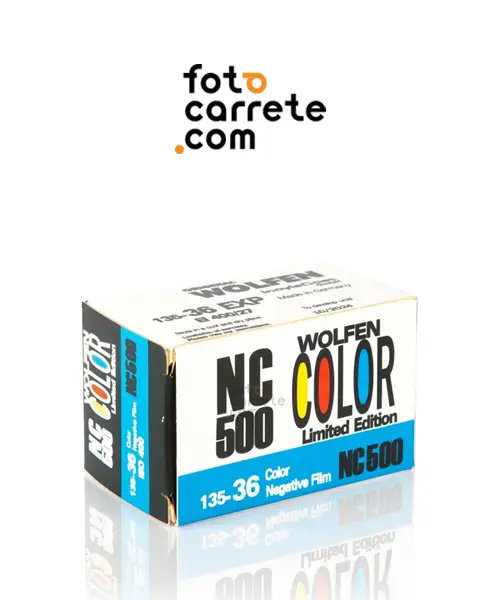 Caja del carrete de película a color Wolfen NC500 Limited Edition en 35mm.