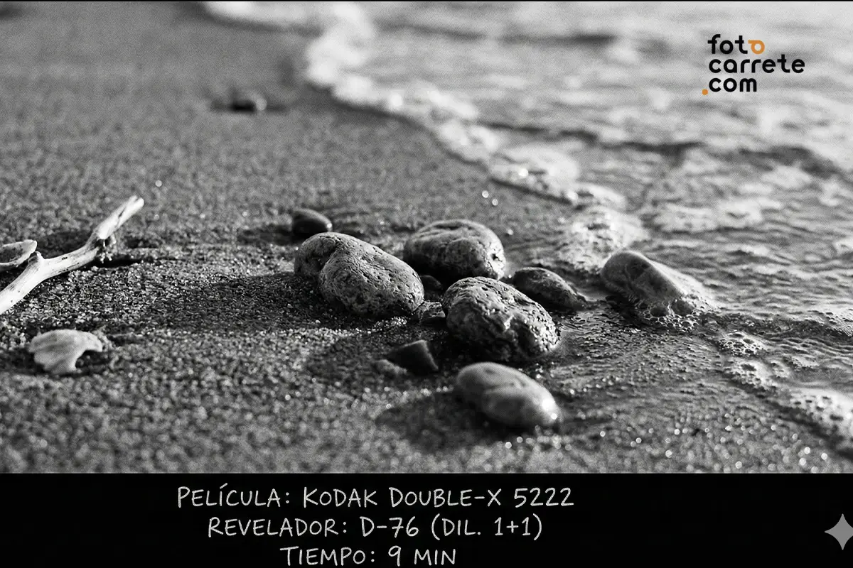 Detalle de guijarros en la orilla del mar fotografiado con película de cine Kodak Double-X 5222 y revelador D-76.