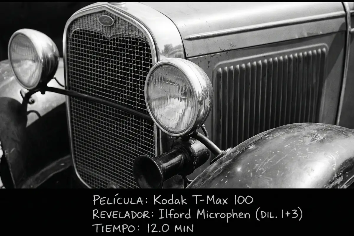 Fotografía en blanco y negro de frontal de coche clásico tomada con carrete Kodak T-Max 100 y revelador Ilford Microphen.