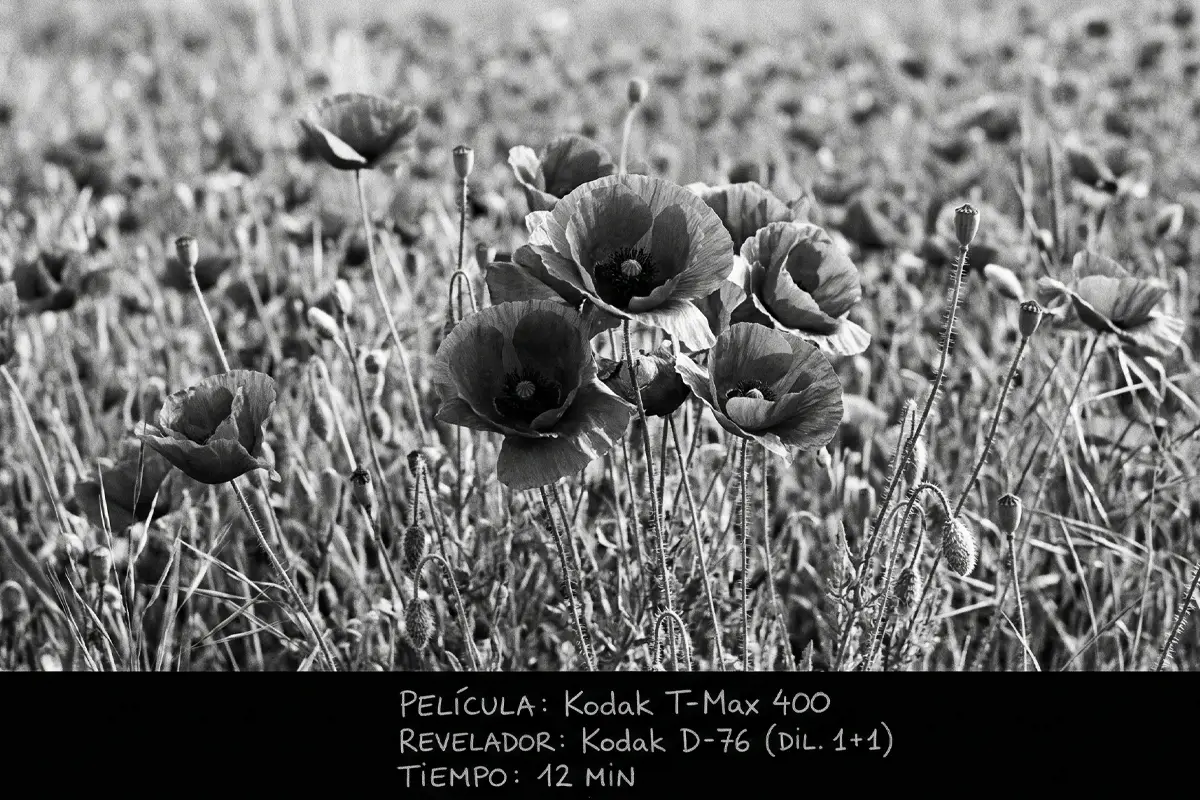 Campo de amapolas fotografiado en blanco y negro con carrete Kodak T-Max 400 y revelador D-76.