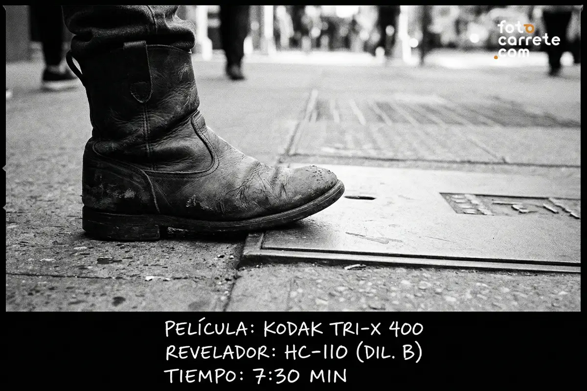 Fotografía callejera de bota pisando alcantarilla, capturada con Kodak Tri-X 400 y revelador HC-110.