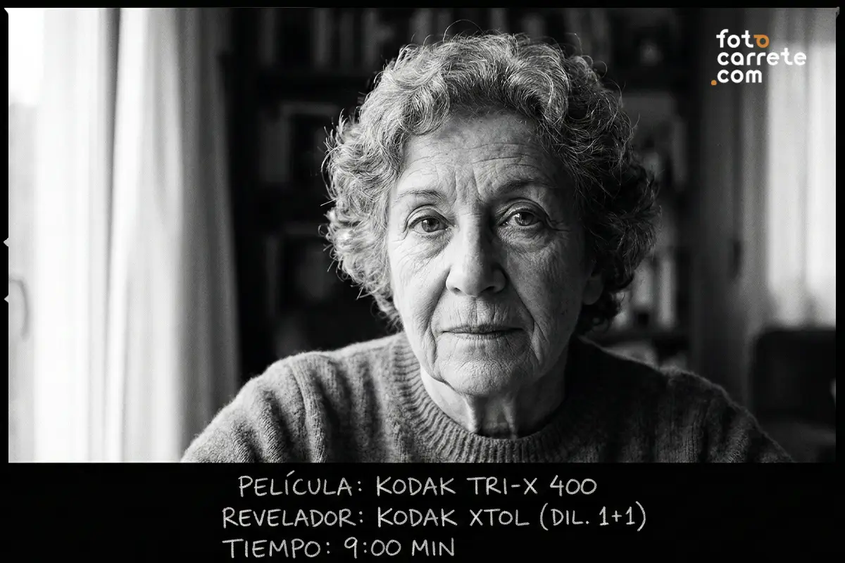 Retrato analógico en blanco y negro de mujer mayor fotografiada con película Kodak Tri-X 400 y revelador XTOL.