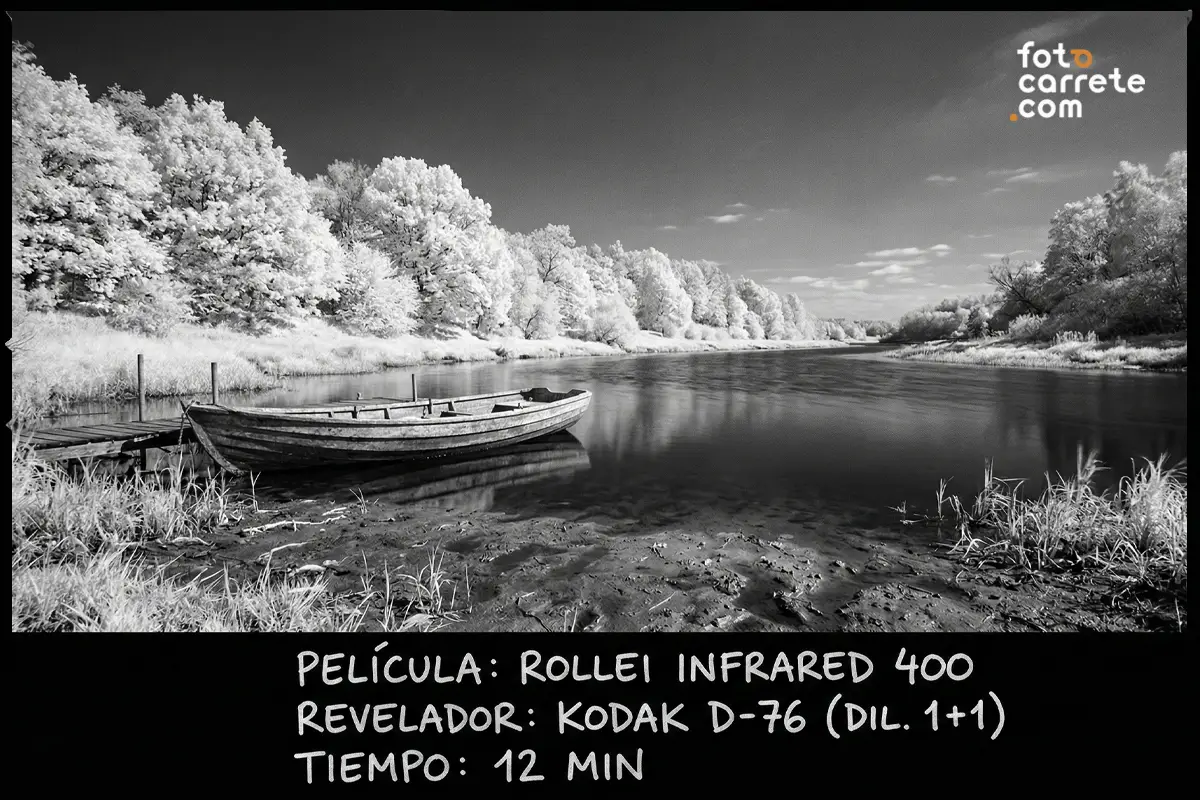 Fotografía analógica de paisaje infrarrojo con río y barca, tomada con carrete Rollei Infrared 400 y revelador Kodak D-76.