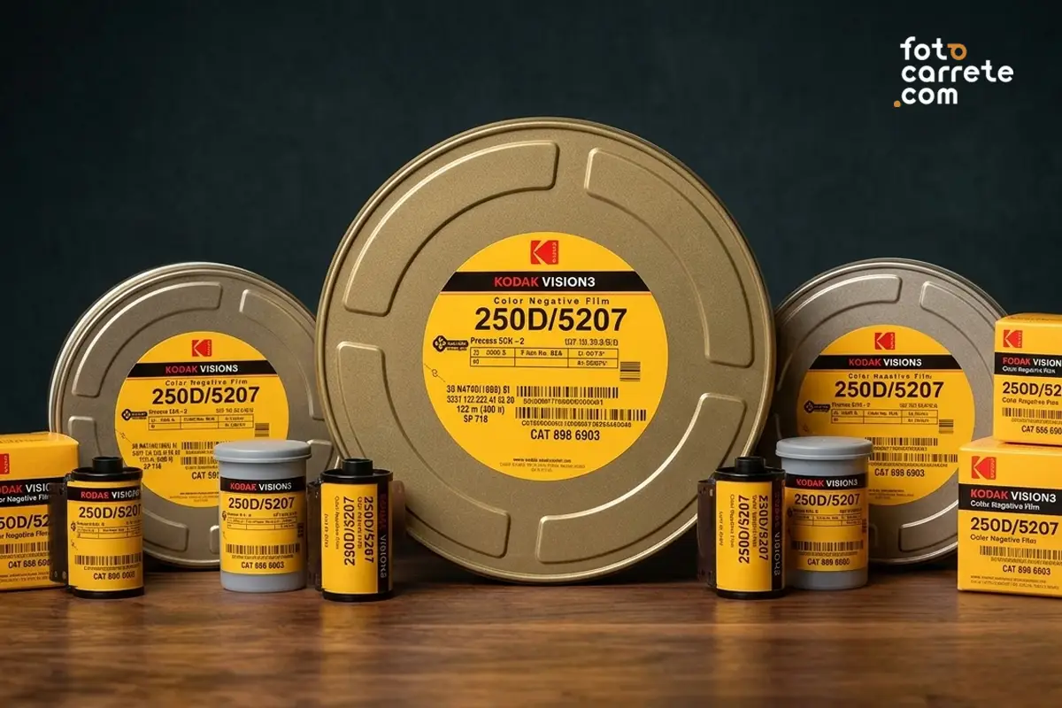 Carretes de 35mm bobinados con película de cine Kodak Vision3 250D junto a latas originales.