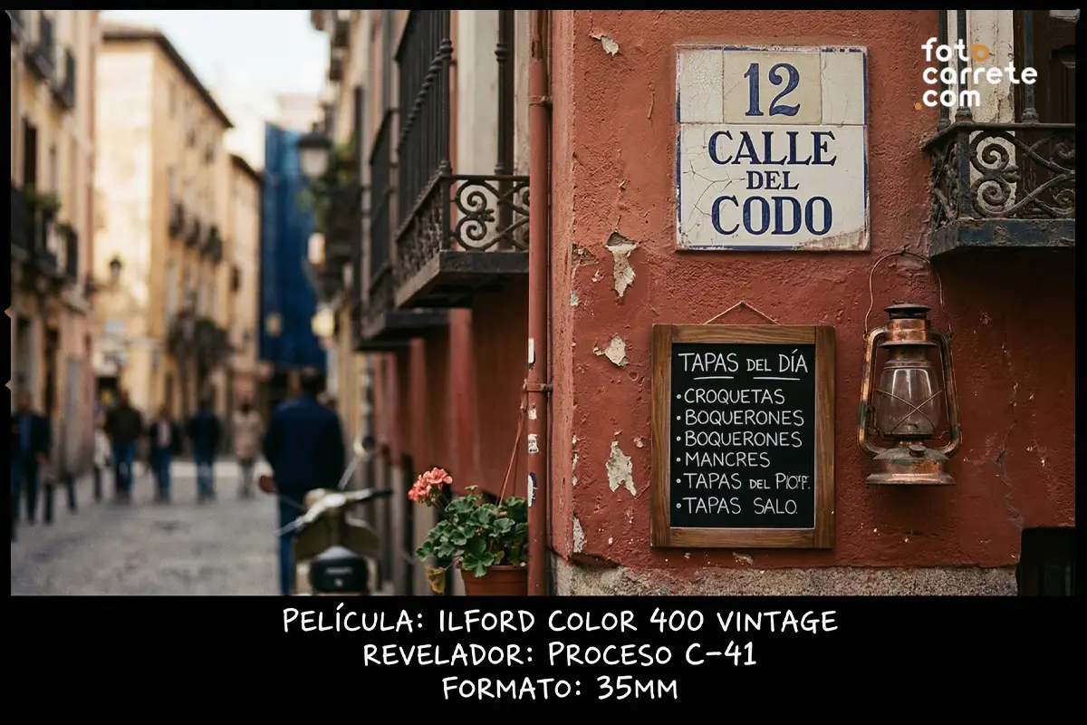 Detalle urbano de la Calle del Codo con cartel de tapas de bar, carrete Ilford Color 400 Vintage.
