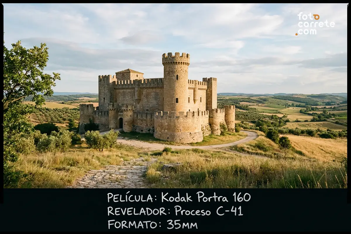 Fotografía de un castillo en paisaje tomada con carrete de 35mm Kodak Portra 160 y revelado C-41.