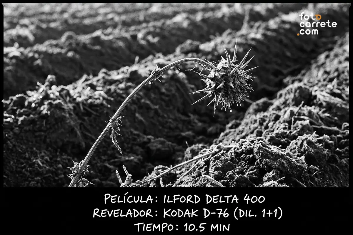 Primer plano en blanco y negro de un cardo seco en la tierra, usando carrete Ilford Delta 400 y revelador D-76.