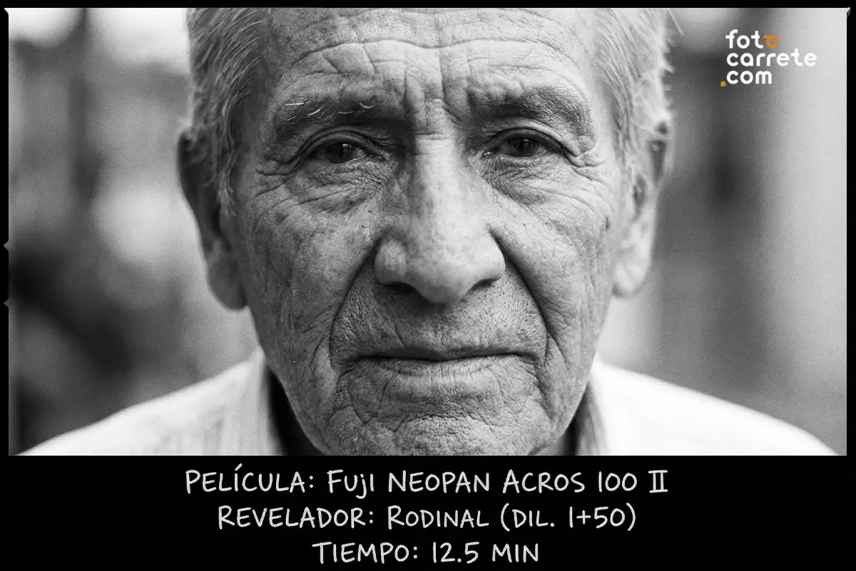 Primer plano de un hombre mayor mostrando gran detalle, fotografiado con película Fuji Neopan Acros 100 II y Rodinal.