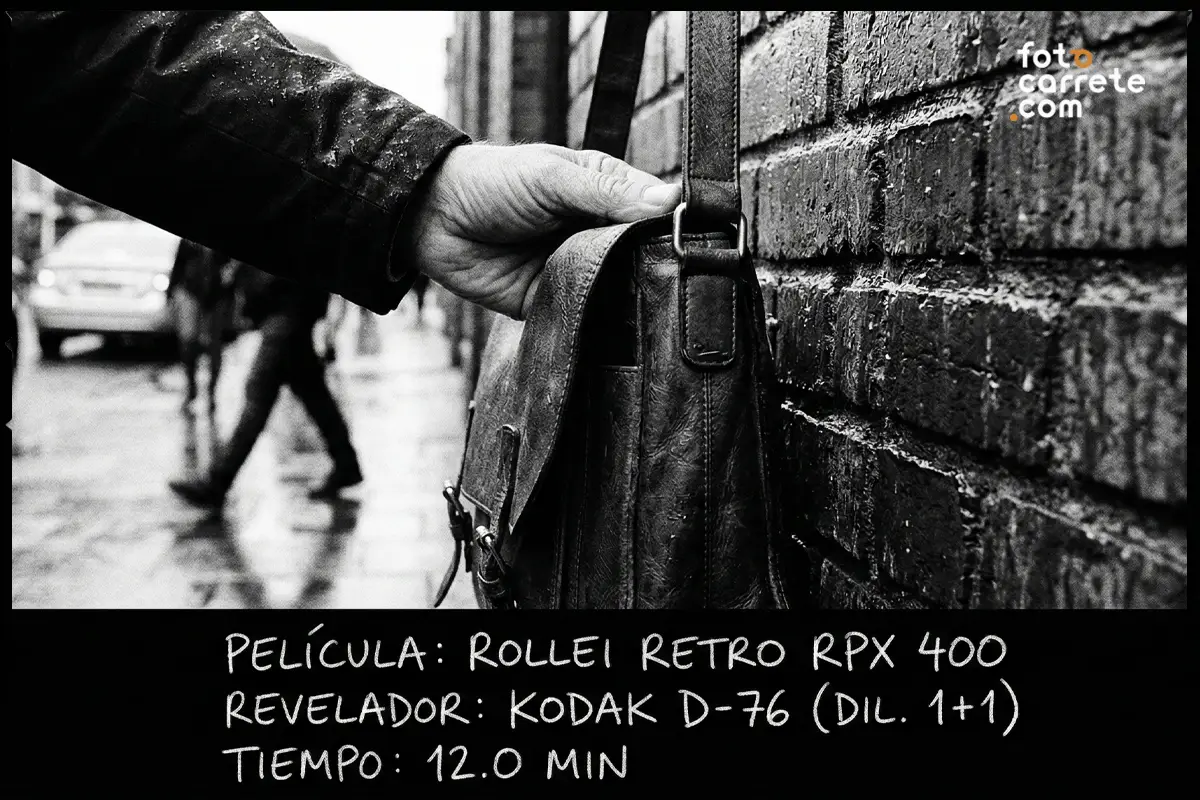 Detalle de maletín de cuero bajo la lluvia fotografiado con Rollei Retro RPX 400