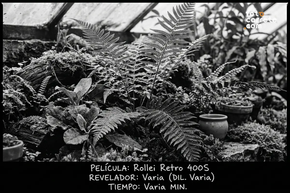 Fotografía de helechos y vegetación en blanco y negro con carrete Rollei Retro 400S
