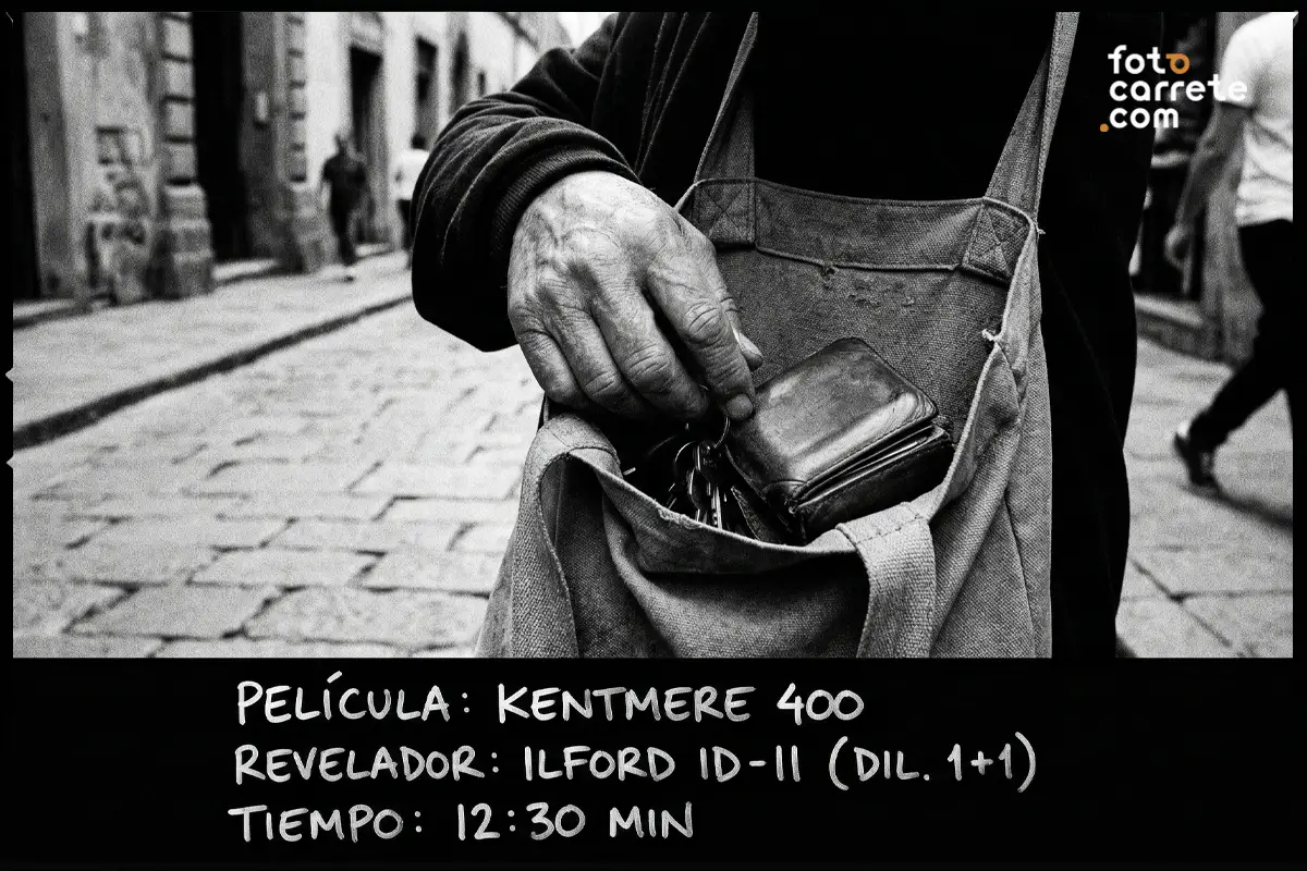 Fotografía de calle en blanco y negro disparada con Kentmere 400 y revelada con Ilford ID-11.