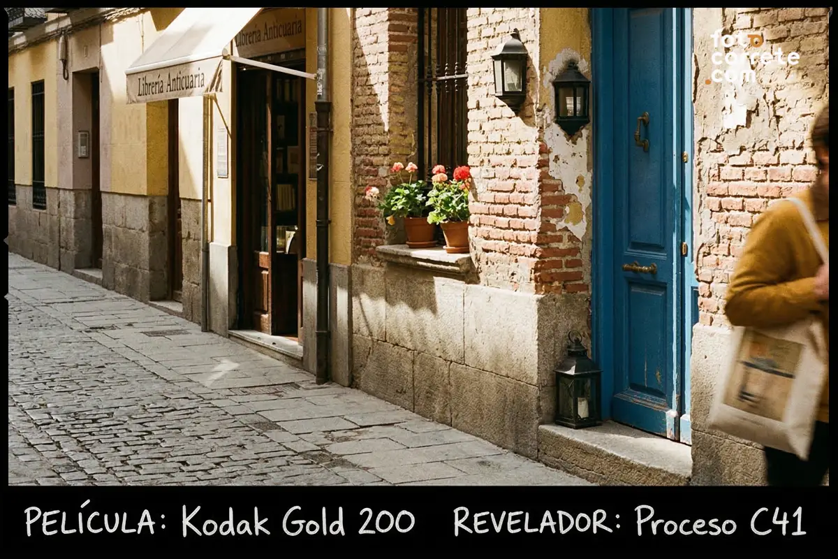Fotografía callejera de fachada con puerta azul tomada con carrete Kodak Gold 200.