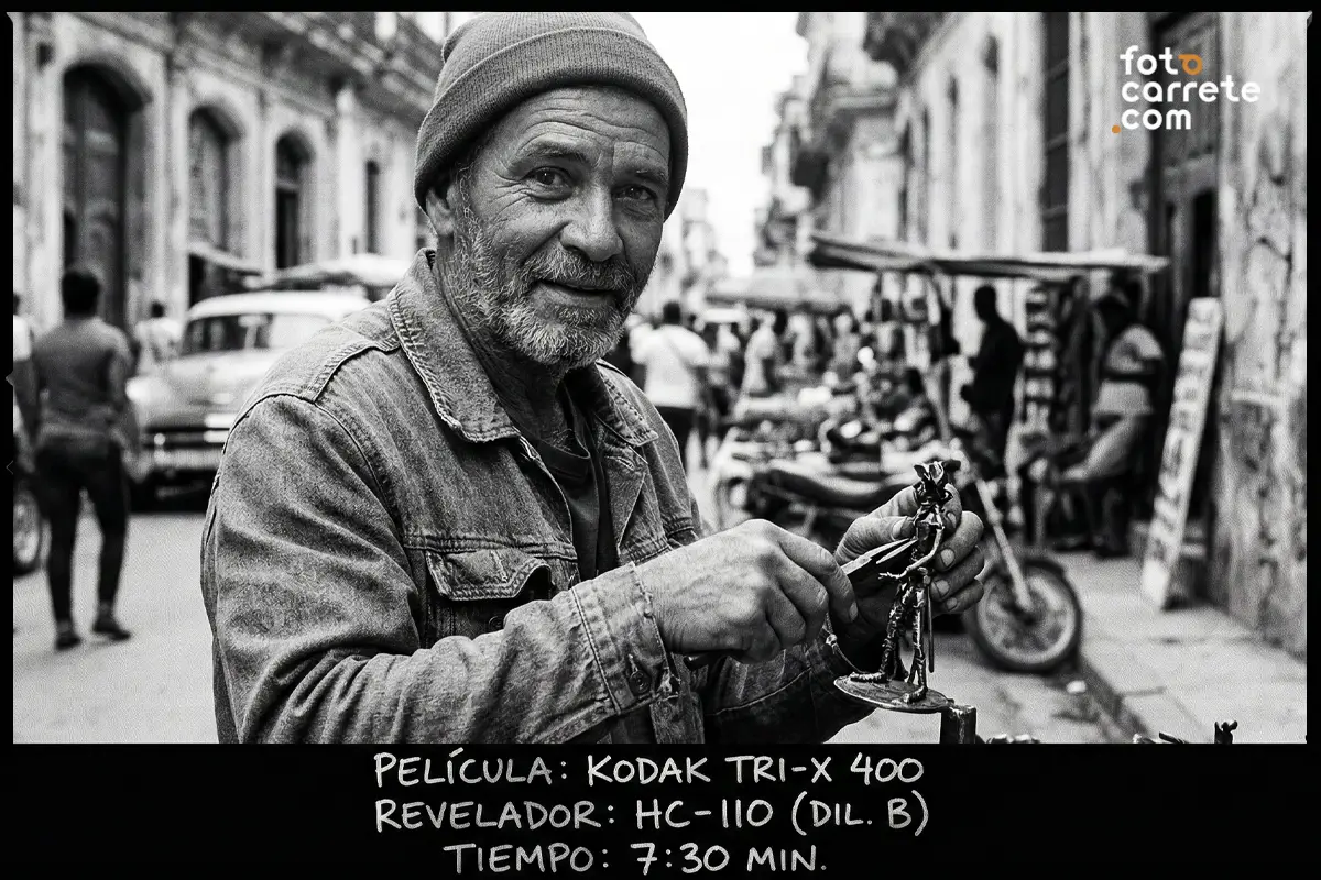 Fotografía callejera de artesano con carrete Kodak Tri-X 400 y revelador HC-110
