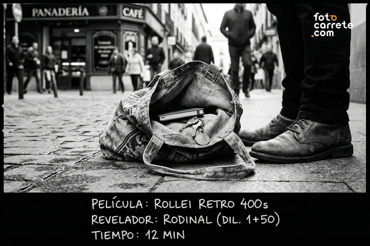 Fotografía de calle con bolso y llaves tomada con carrete Rollei Retro 400S y Rodinal