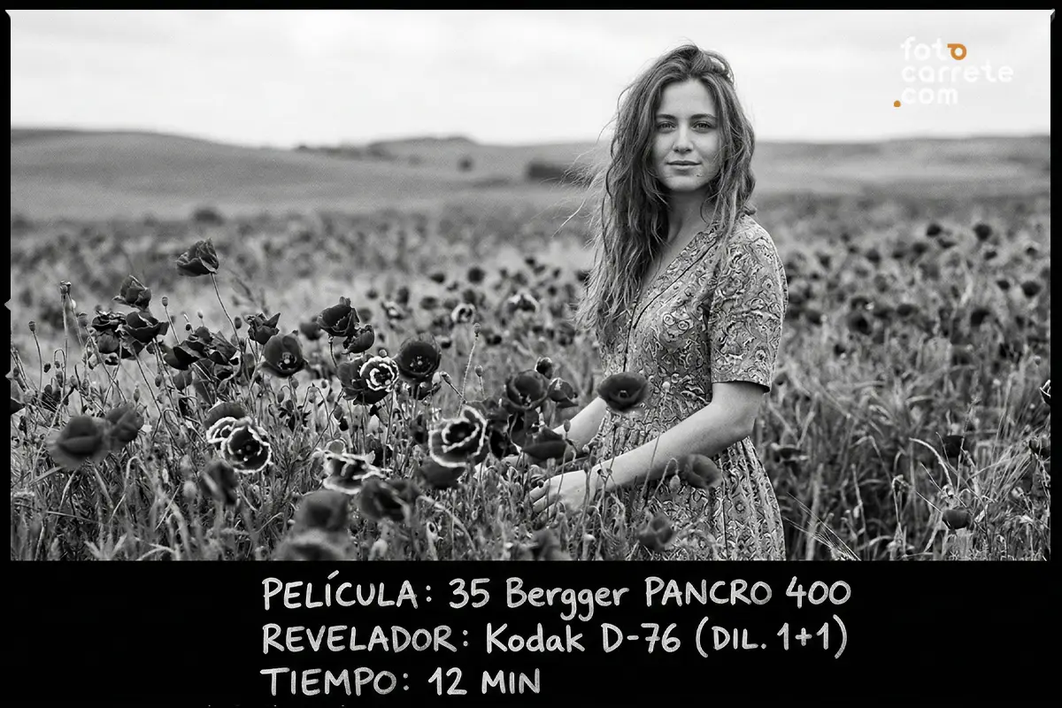 Mujer en un campo de flores fotografiada con película Bergger Pancro 400 y Kodak D-76.
