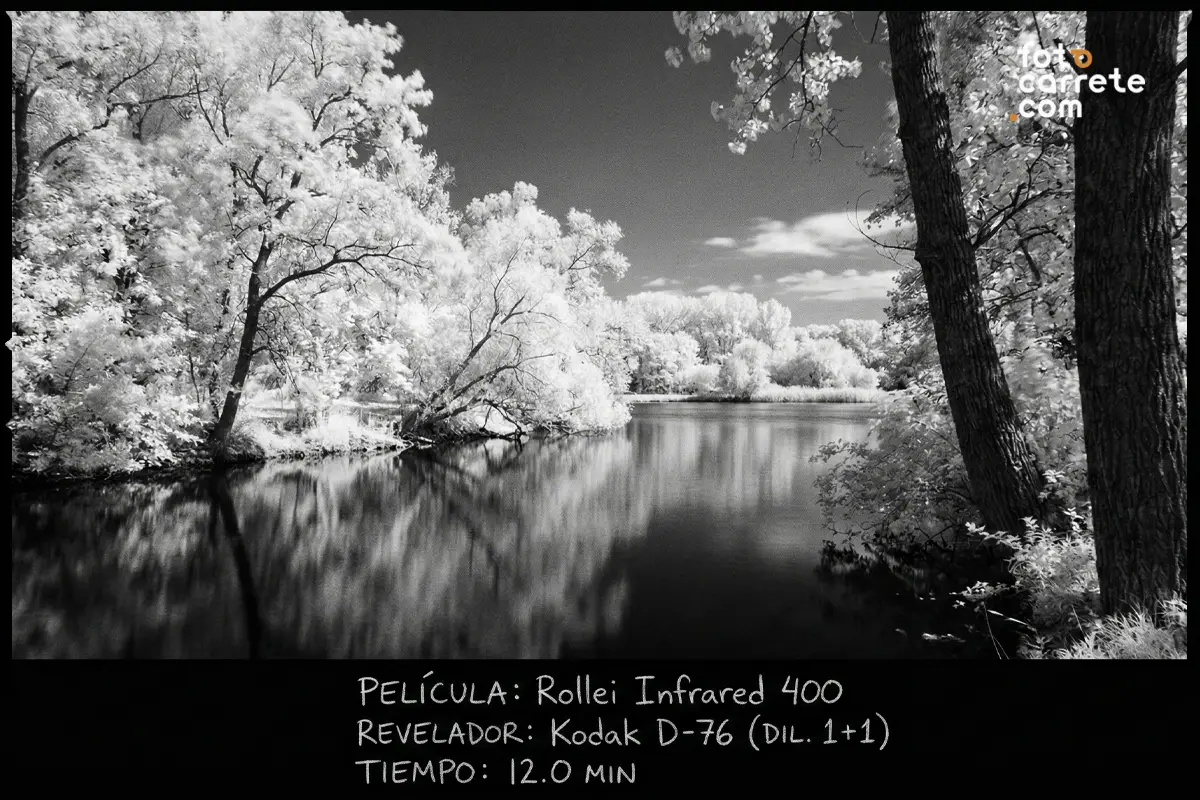 Paisaje infrarrojo de árboles reflejados en el río con carrete Rollei Infrared 400