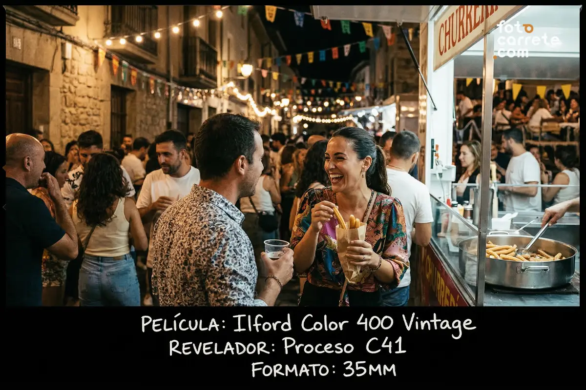 Fotografía nocturna de gente en una fiesta de pueblo comiendo churros, carrete Ilford Color 400 Vintage.