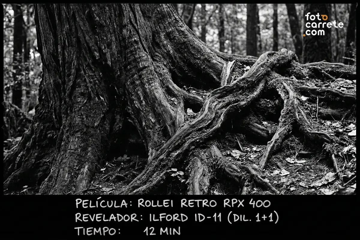 Fotografía de raíces de árbol con película Rollei Retro RPX 400 y revelador Ilford ID-11