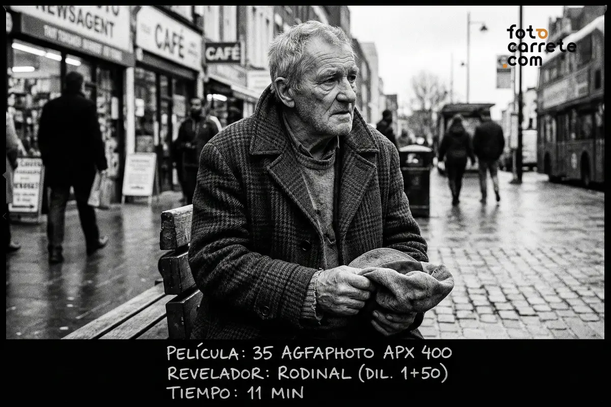 Retrato urbano callejero en blanco y negro, película AGFAPHOTO APX 400 y Rodinal.