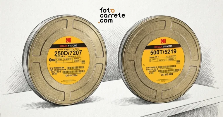 Ilustración de dos latas de película de cine Kodak Vision3: 250D (7207) y 500T (5219).