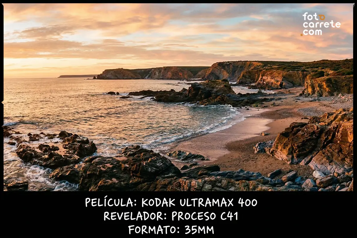 Paisaje de acantilados y rocas al atardecer fotografiado con Kodak UltraMax 400.