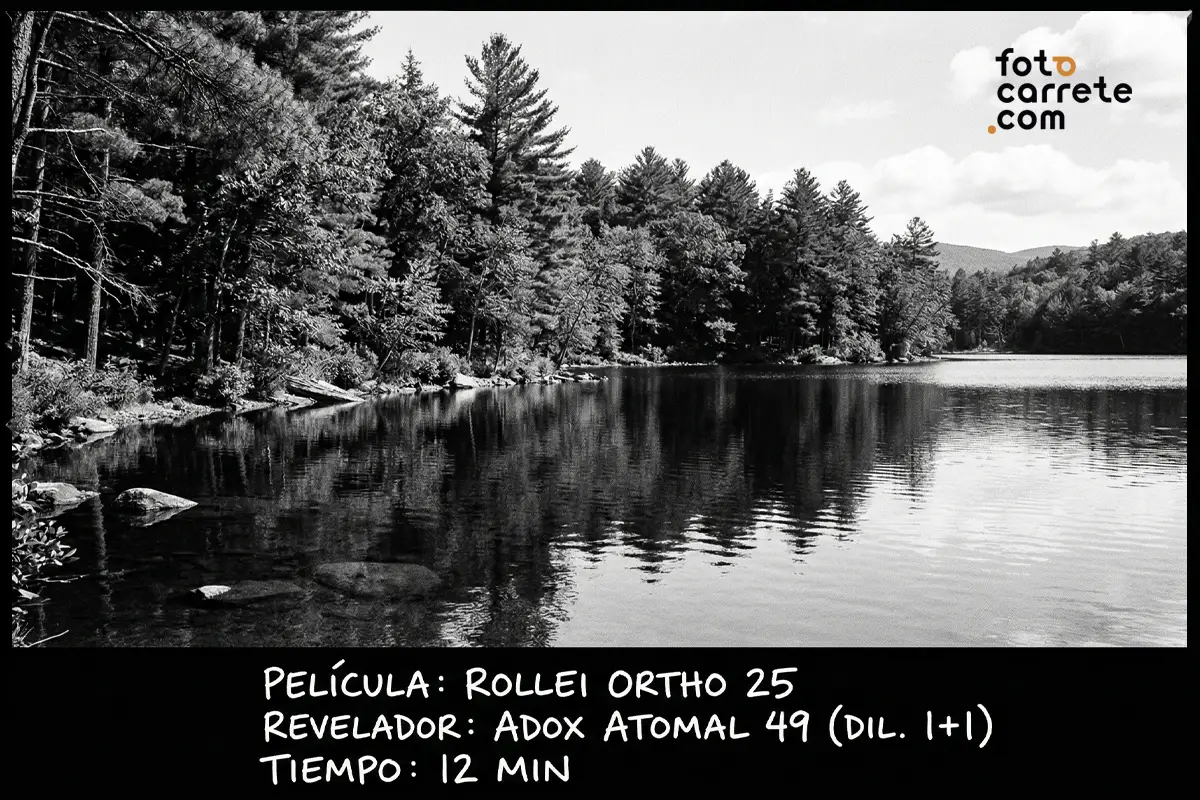 Paisaje de lago y bosque en blanco y negro con película Rollei ORTHO 25 y Adox Atomal 49