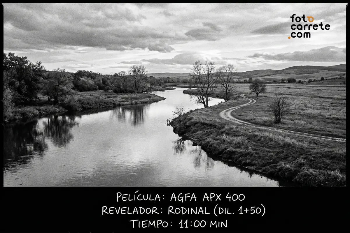 Paisaje campestre con río sinuoso capturado con película AGFA APX 400 y revelador Rodinal.