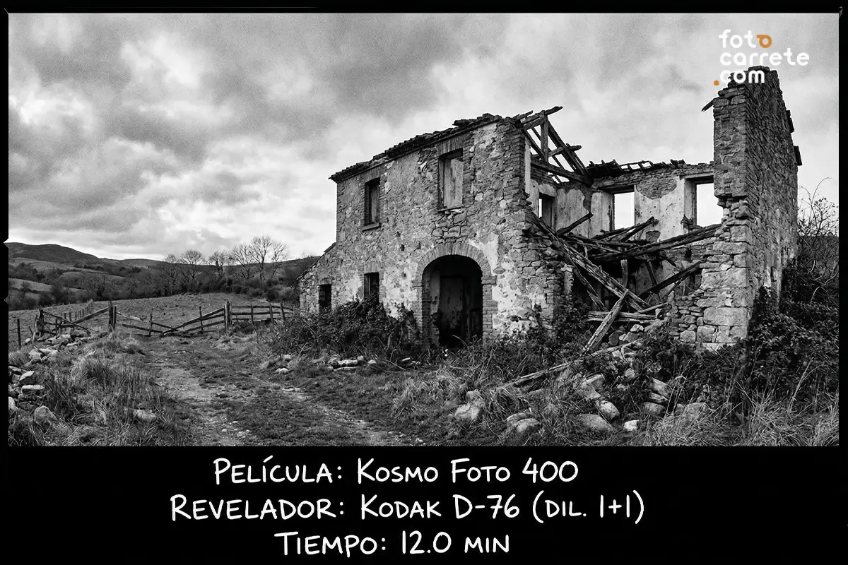 Casa en ruinas en un paisaje rural capturada con película Kosmo Foto 400 y revelador D-76.