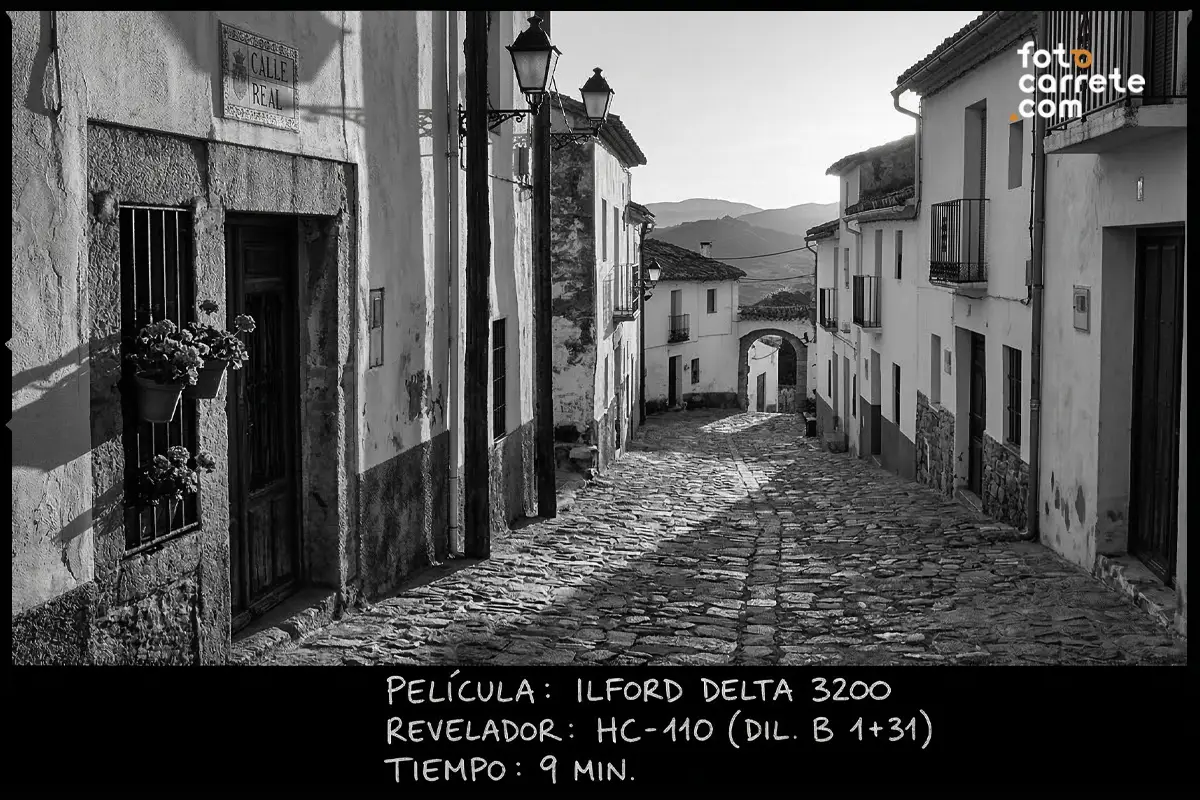 Paisaje urbano en blanco y negro de callejuela de pueblo empedrada, disparado con Ilford Delta 3200 y HC-110.