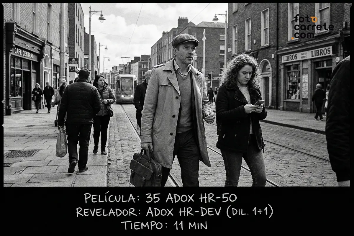 Escena urbana en ciudad capturada en blanco y negro con carrete Adox HR-50 y revelador Adox HR-DEV